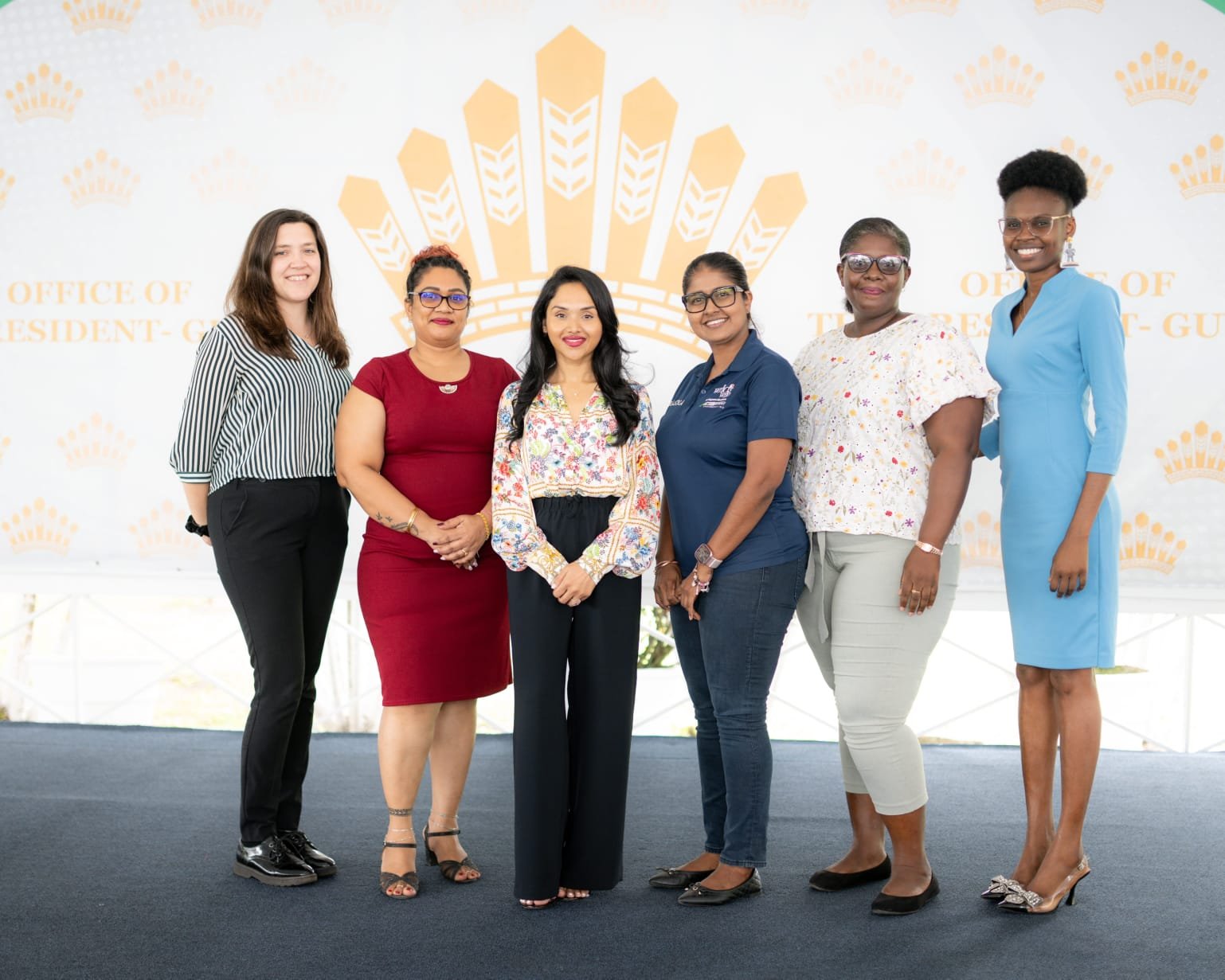 Photo caption: First Lady Arya Ali is flanked by the three women who received the business grant yesterday at State House. Also in the photo are business development coach Ms Upasna Mudlier (third-right) and Leanne Baker (far left) of the Cherie Blair Foundation.